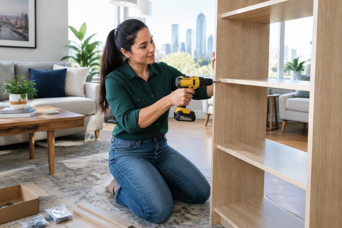 A woman assembling a wooden bookshelf with a cordless drill in a bright living room